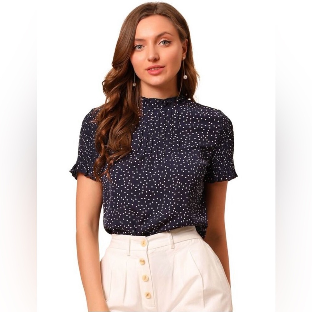 Allegra K Polka Dots Smocked Sleeve Ruffle Neck Blouse Top Navy Blue